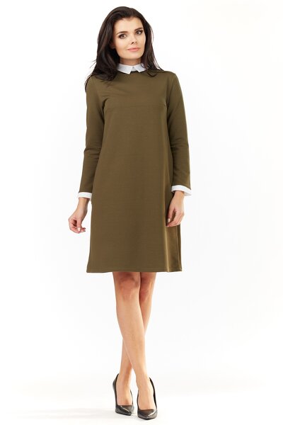 Trapezowa sukienka z kołnierzykiem w kolorze khaki
