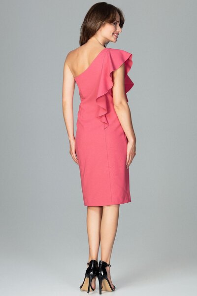 Sukienka na jedno ramię z ozdobną falbaną w kolorze koral