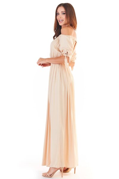 Wiskozowa beżowa sukienka maxi typu hiszpanka