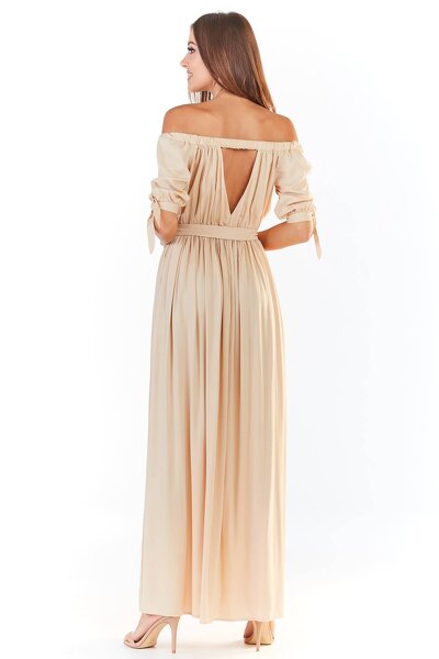 Wiskozowa beżowa sukienka maxi typu hiszpanka