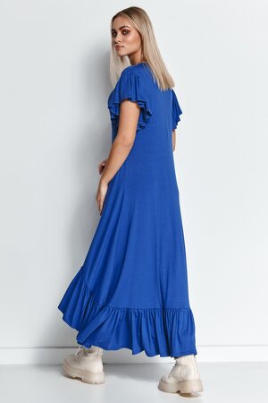 Wiskozowa sukienka w kolorze blue jeans z asymetrycznym dołem i falbanami Wiskozowa sukienka w kolorze blue jeans z asymetrycznym dołem i falbanami