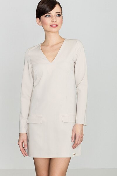 Beżowa sukienka mini z dekoltem do szpica