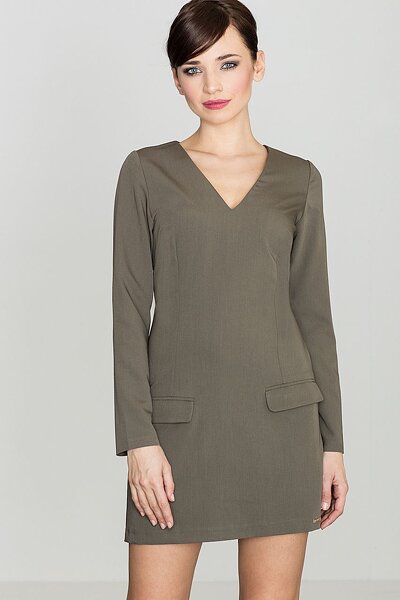 Oliwkowa sukienka mini z dekoltem do szpica