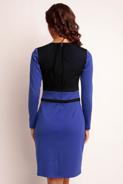 Niebieska ołówkowa sukienka mini z ozdobną górą