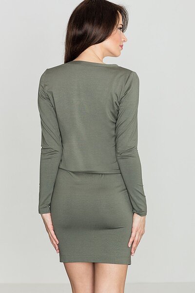 Oliwkowa sukienka wiązana w pasie