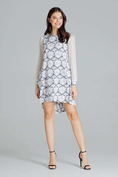 Wzorzysta asymetryczna sukienka z rękawami z siatki