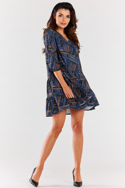 Wzorzysta luźna sukienka midi z rękawem 3/4