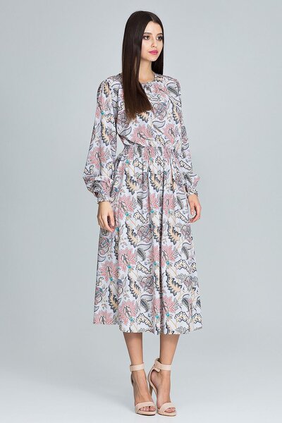 Jasna sukienka maxi z gumką w pasie w etniczne wzory