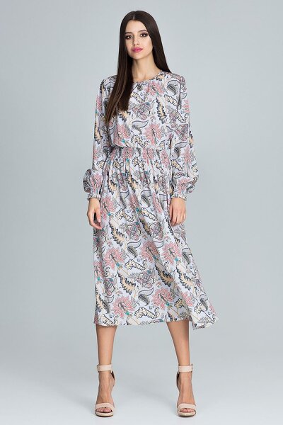 Jasna sukienka maxi z gumką w pasie w etniczne wzory