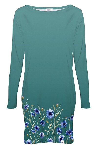 Zielona sukienka mini z długim rękawem i niebieskimi kwiatami