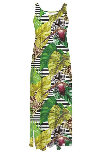 Zielona sukienka w egzotyczne wzory