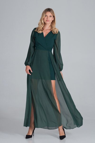 Zielona sukienka maxi z wierzchnią warstwą z szyfonu