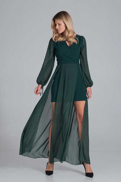 Zielona sukienka maxi z wierzchnią warstwą z szyfonu