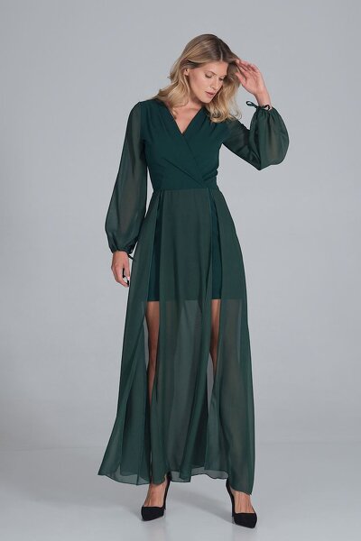 Zielona sukienka maxi z wierzchnią warstwą z szyfonu