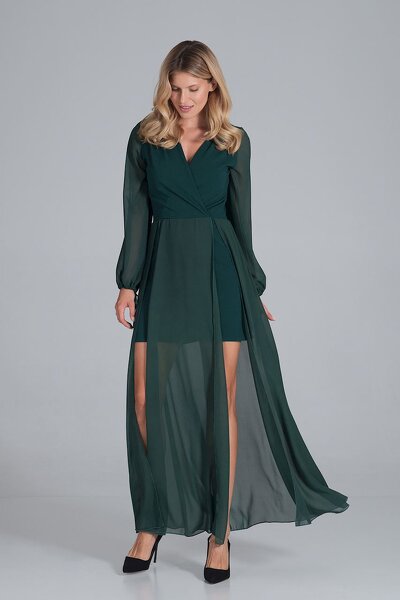 Zielona sukienka maxi z wierzchnią warstwą z szyfonu
