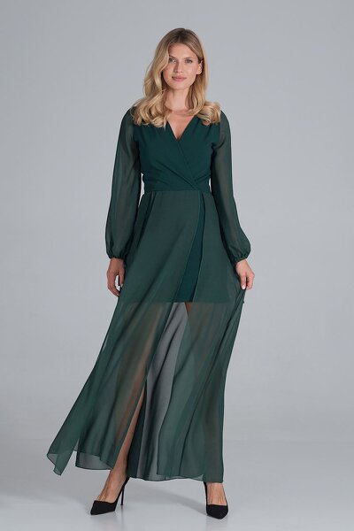Zielona sukienka maxi z wierzchnią warstwą z szyfonu