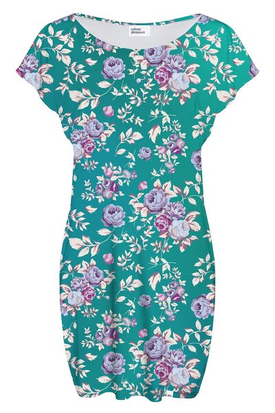 Zielona sukienka w fioletowe kwiaty